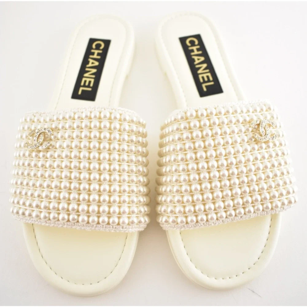 Chanel 25P Ivory White Pearl Embroidery CC Logo Slide Slip Sandal Mule Flat 36.5